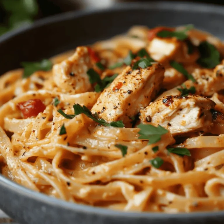 Close-up of creamy Cajun chicken pasta with sliced blackened chicken, creamy sauce, and parsley garnish