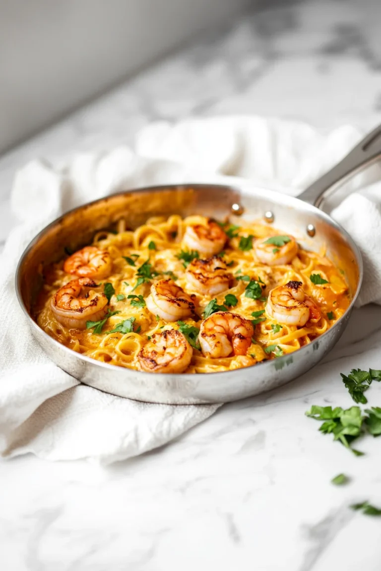 Creamy garlic shrimp pasta in a skillet, with shrimp and spaghetti coated in a rich parmesan garlic sauce, ready to serve.