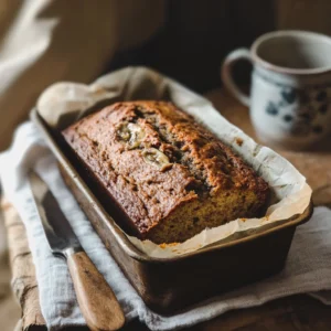 Golden banana bread loaf in a parchment-lined pan, topped with banana slices, set beside a knife and coffee mug.