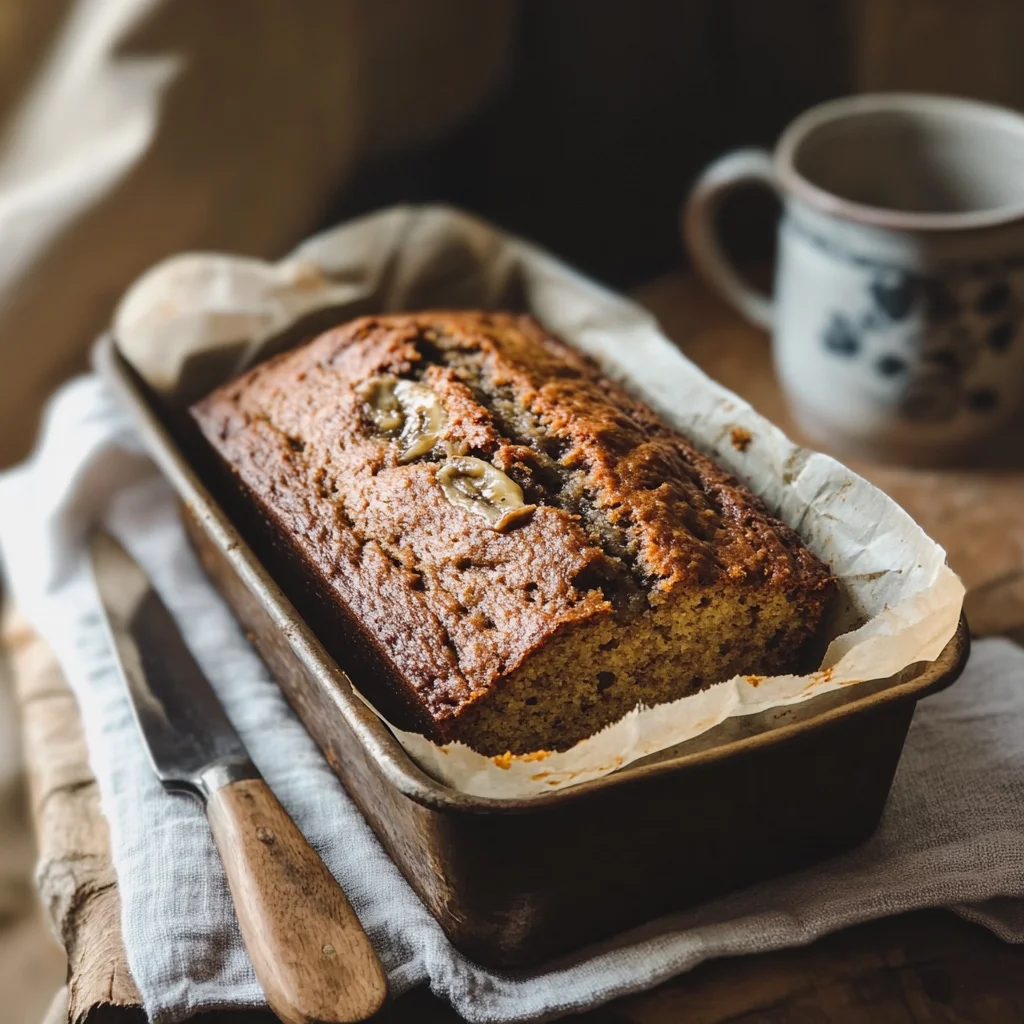 Golden banana bread loaf in a parchment-lined pan, topped with banana slices, set beside a knife and coffee mug.