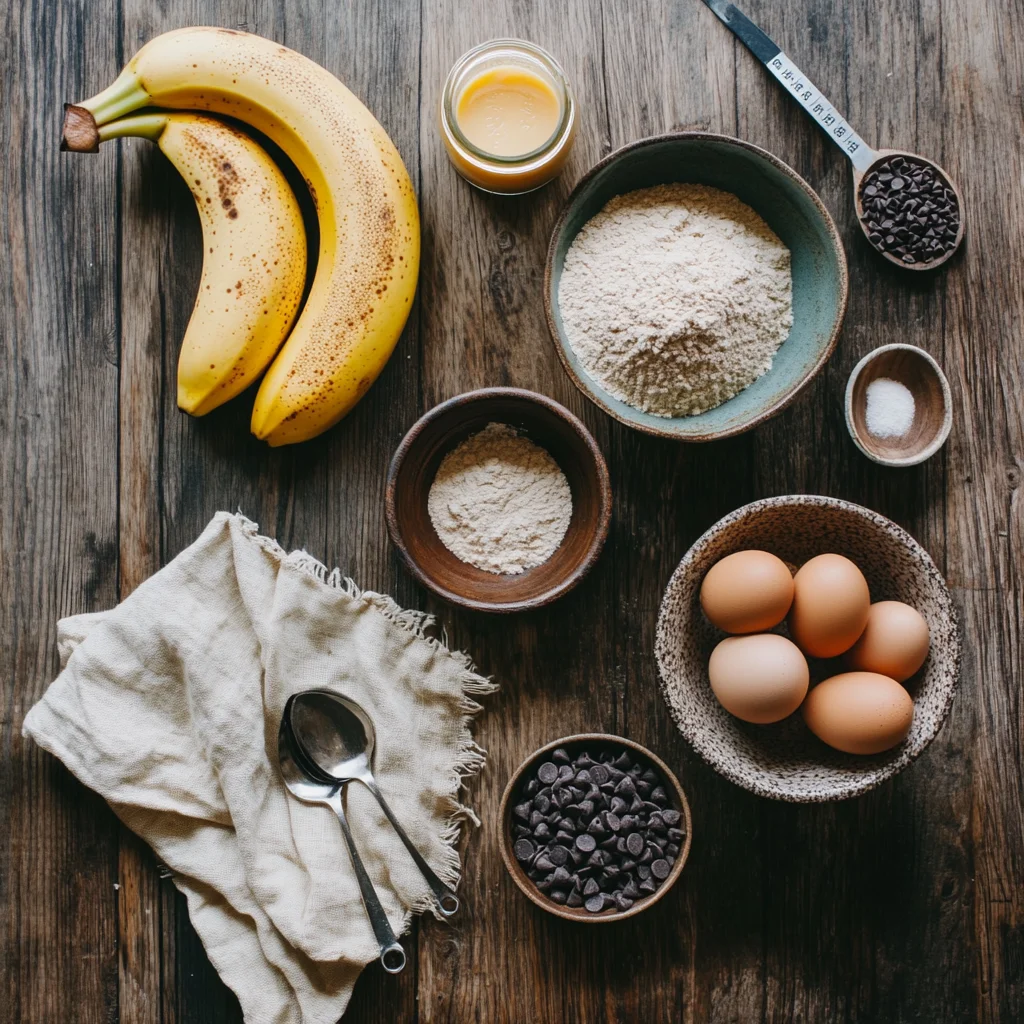 Flat lay of banana bread ingredients: ripe bananas, almond flour, eggs, chocolate chips, and measuring tools on a wooden table.