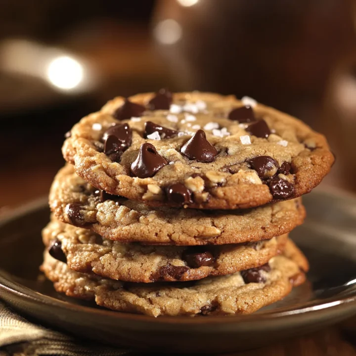 Stack of oat flour chocolate chip cookies topped with flaky sea salt on a rustic brown plate.