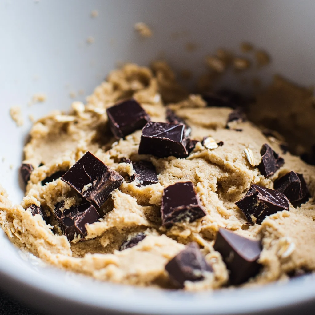 Close-up of oat flour cookie dough with dark chocolate chunks in a white mixing bowl.