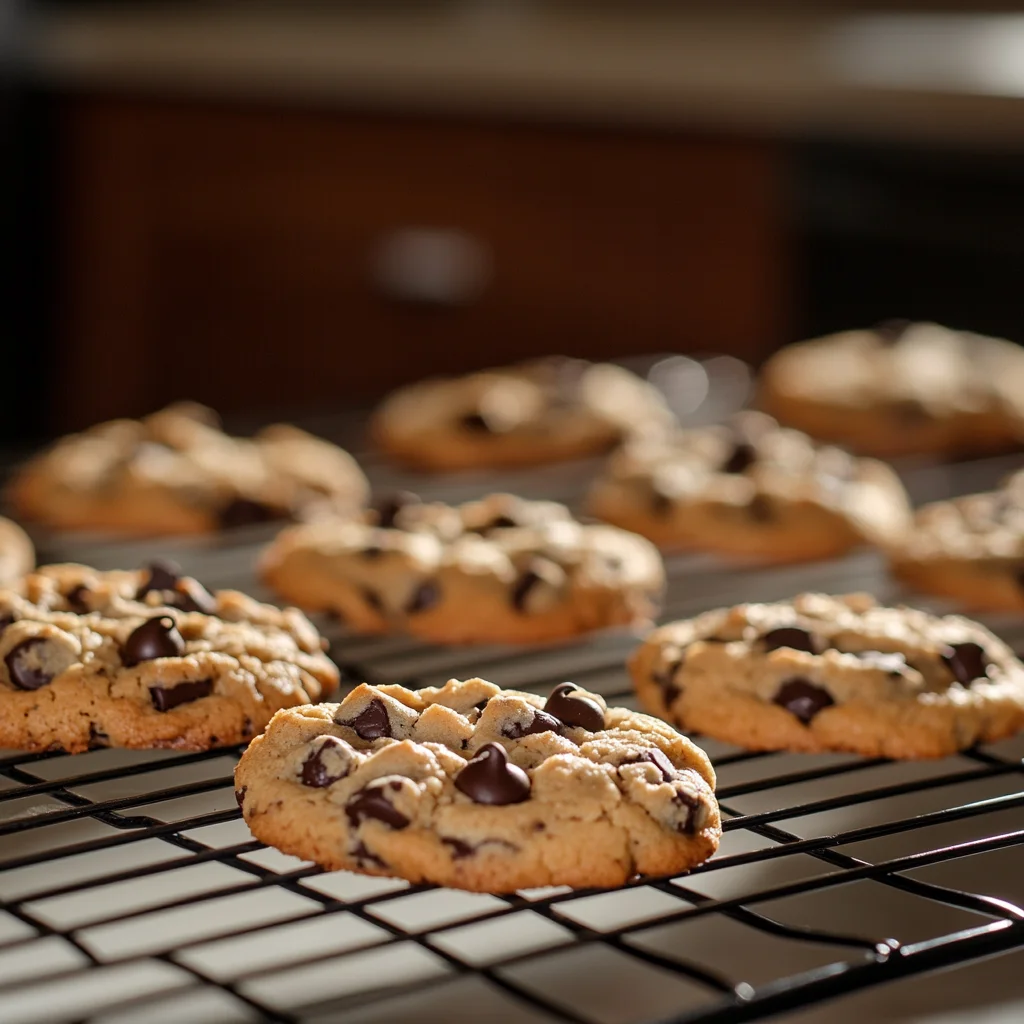 Freshly baked oat flour chocolate chip cookies cooling on a wire rack in warm kitchen light.