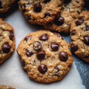 Close-up of an oat flour chocolate chip cookie with gooey chocolate chips and visible oat flakes on parchment paper.