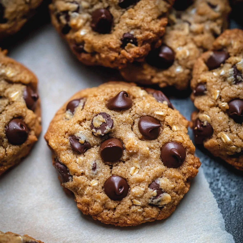 Close-up of an oat flour chocolate chip cookie with gooey chocolate chips and visible oat flakes on parchment paper.