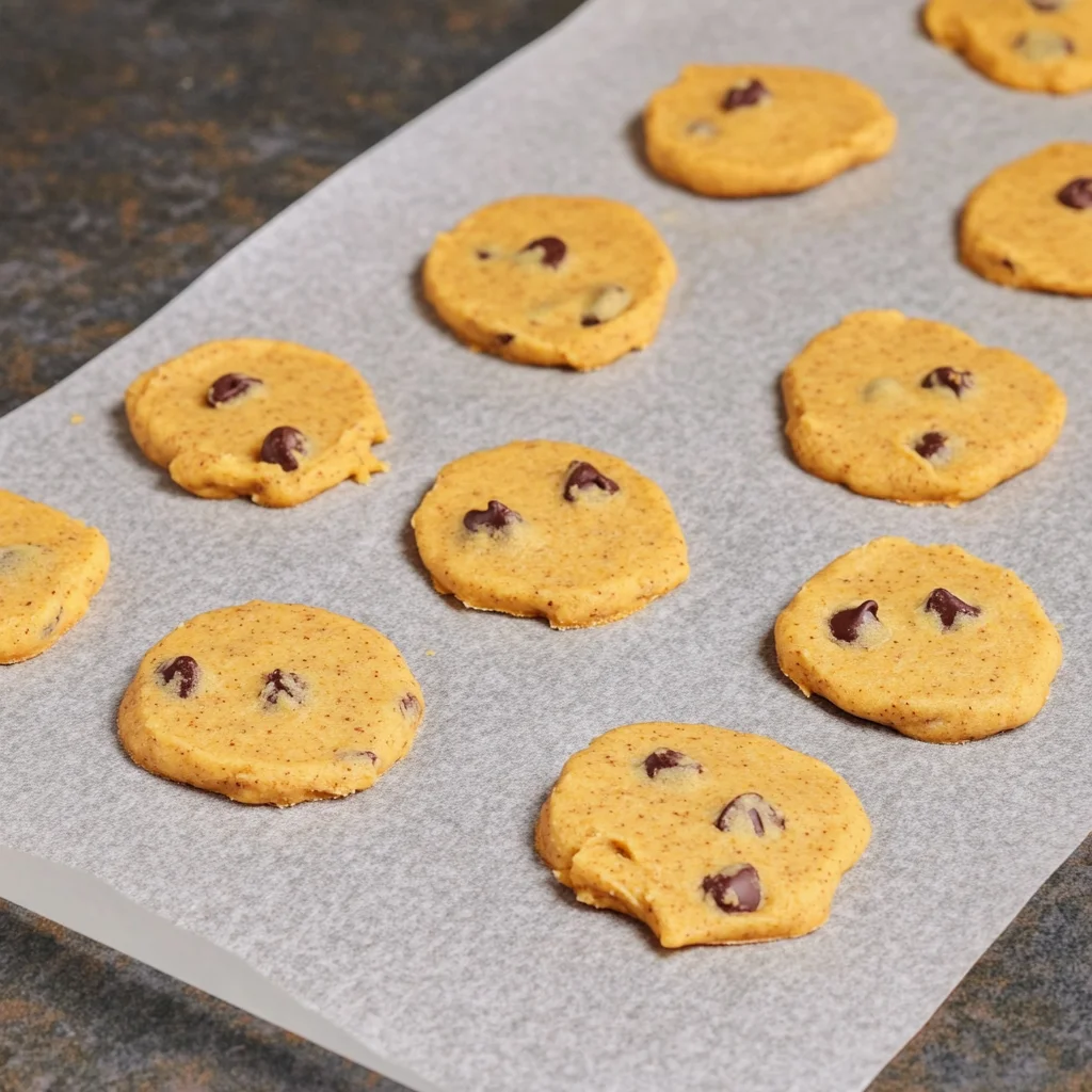 Raw oat flour chocolate chip cookie dough discs arranged on a parchment-lined baking sheet.