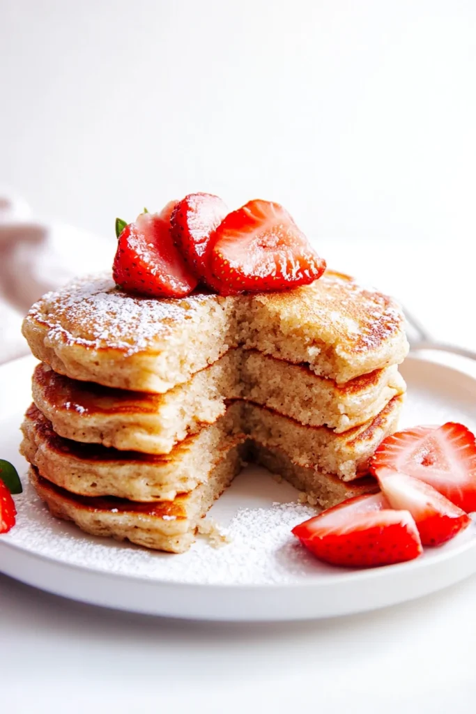 Stack of coconut flour pancakes with a wedge removed, topped with sliced strawberries and powdered sugar on a white plate
