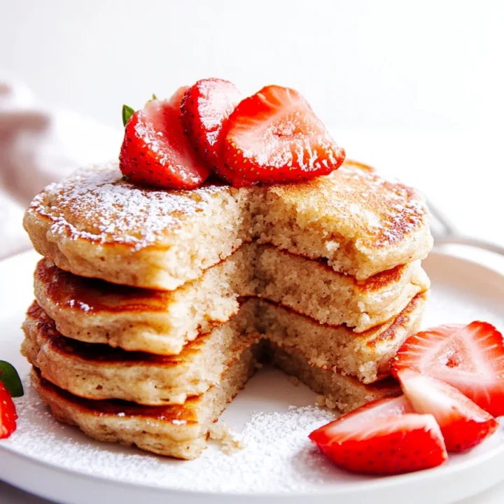 Stack of coconut flour pancakes with a wedge removed, topped with sliced strawberries and powdered sugar on a white plate