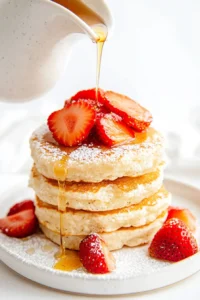 Maple syrup being poured over a stack of coconut flour pancakes topped with sliced strawberries and powdered sugar