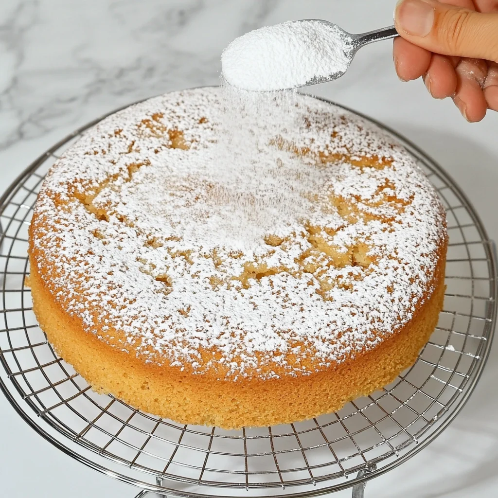 Hand dusting powdered sugar onto almond flour cake on a cooling rack