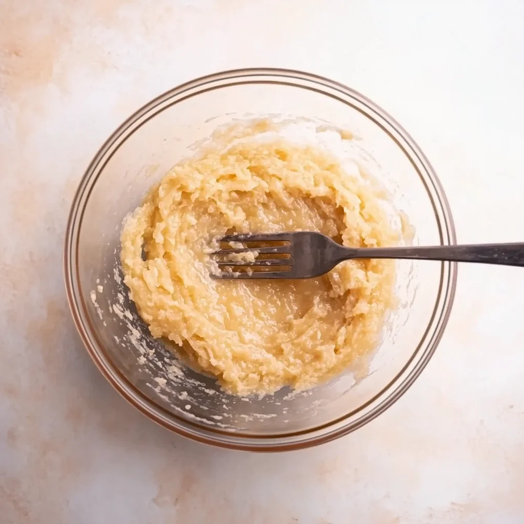 A glass bowl filled with fully mashed bananas and a fork, on a light marble surface.
