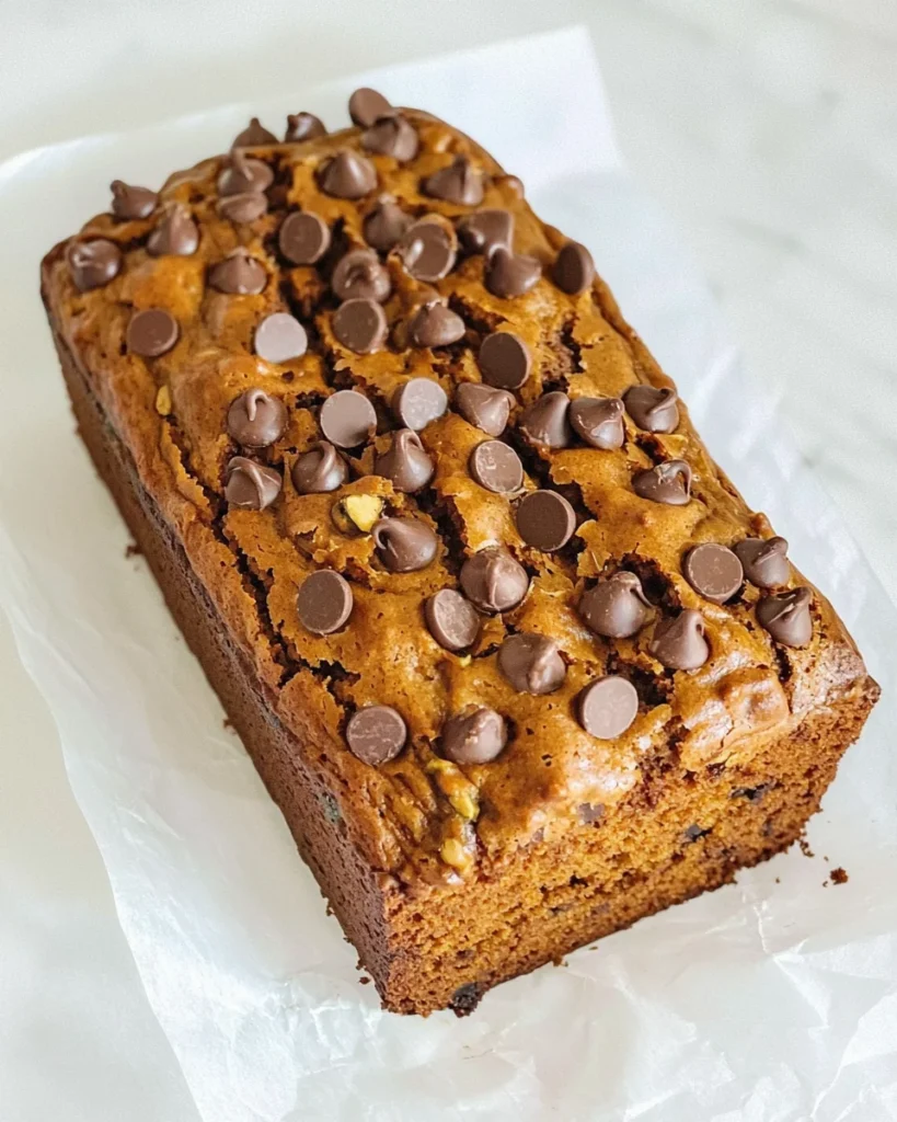 Freshly baked gluten free pumpkin zucchini bread topped with chocolate chips on parchment paper