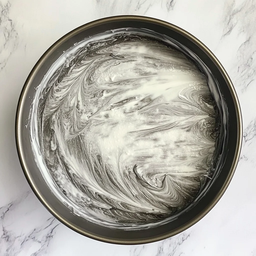 Overhead view of a greased round cake pan on a marble surface
