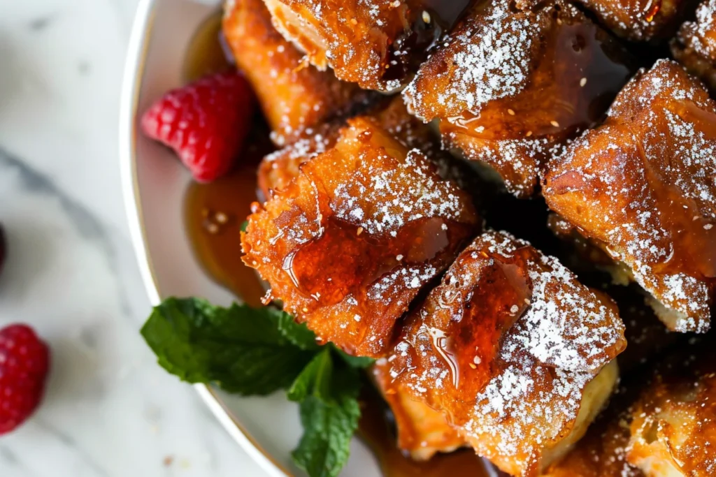 French toast cubes topped with powdered sugar, maple syrup, raspberries, and mint on a white plate