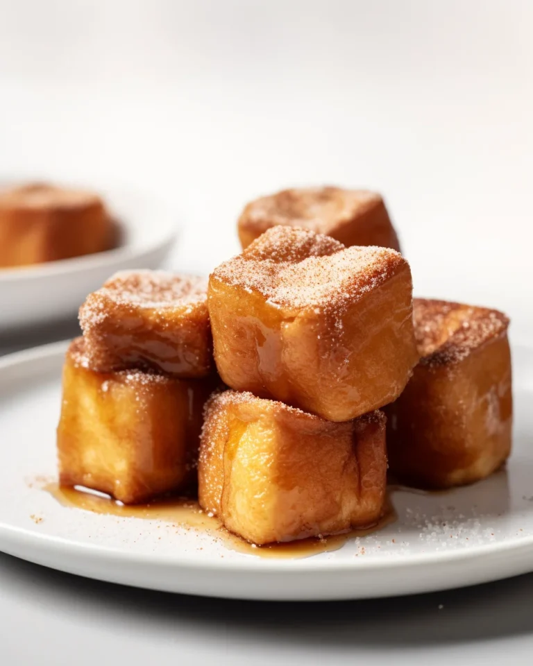 Golden cubes of Hawaiian roll French toast stacked on a plate with maple syrup and cinnamon sugar