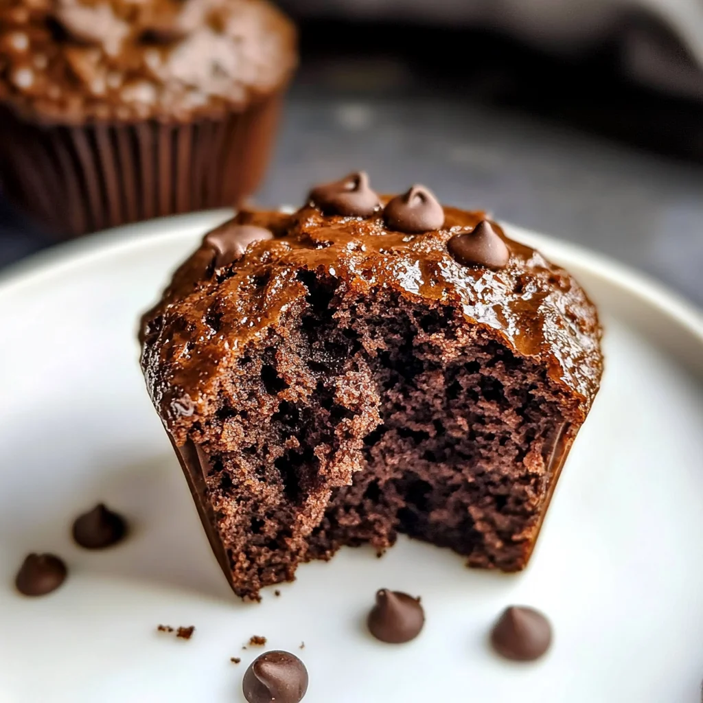 Close-up of a bitten chocolate banana muffin on a white plate with scattered chocolate chips