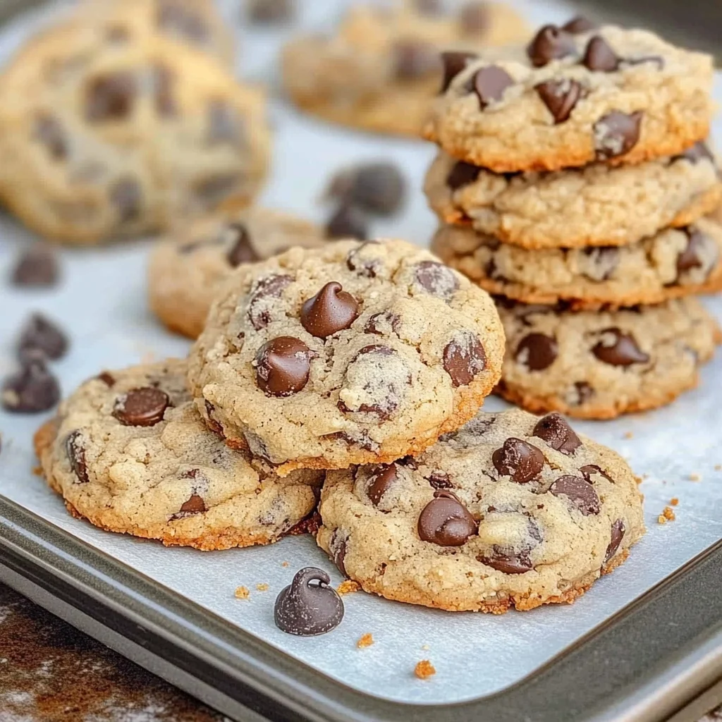 Tray of coconut flour chocolate chip cookies with a mix of stacked and scattered cookies, showing soft texture and melty chips.