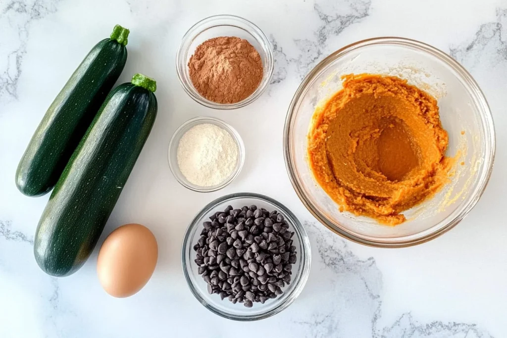  Flatlay of ingredients for gluten free pumpkin zucchini bread including zucchini, pumpkin puree, egg, chocolate chips, and flour