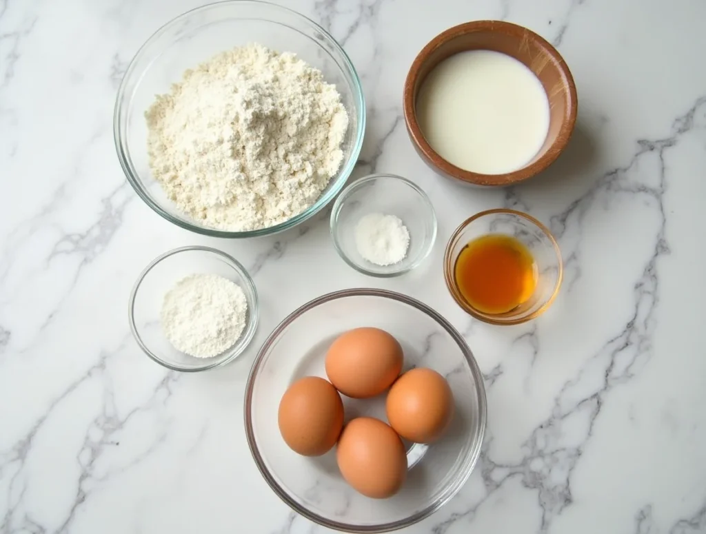 Overhead view of coconut flour pancake ingredients including eggs, flour, milk, baking powder, vanilla extract, and coconut flour on a marble background