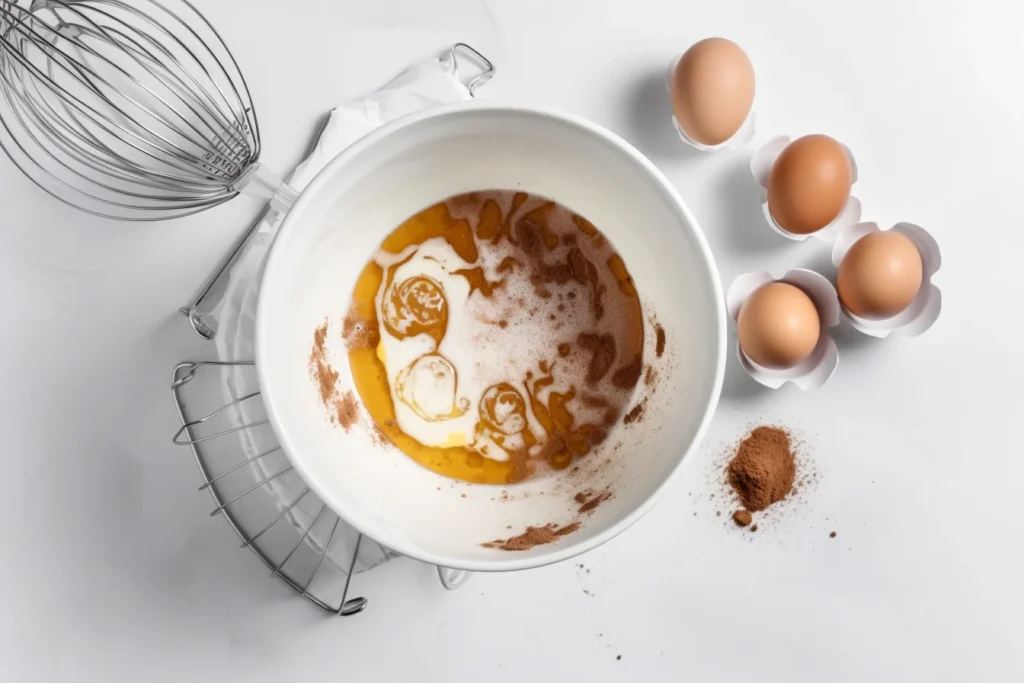 Overhead shot of eggs, milk, cinnamon, and vanilla in a white mixing bowl with cracked eggs and a whisk nearby