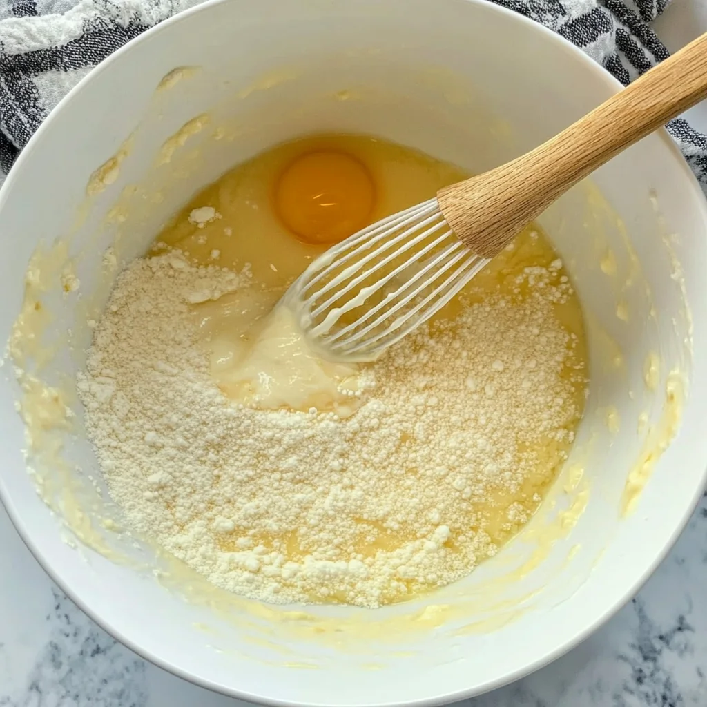 Whisk mixing almond flour and egg in a white bowl for almond flour cake