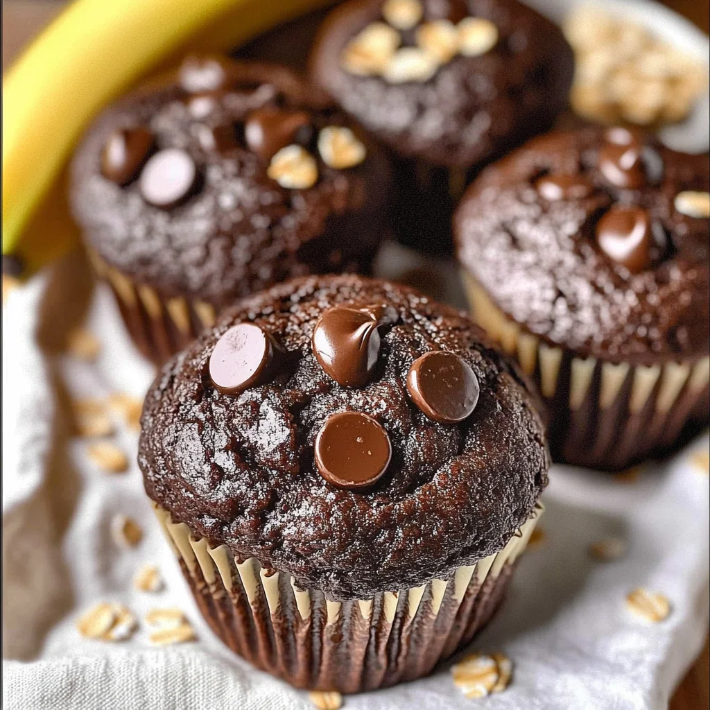 Front view of a chocolate banana oat muffin topped with large chocolate chips, with bananas and oats in the background