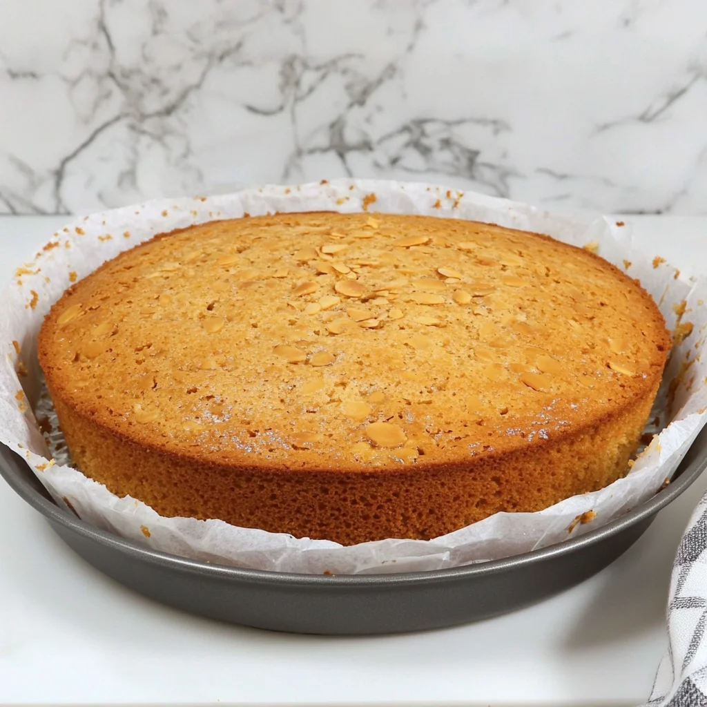 Almond flour cake in a baking pan lined with parchment paper