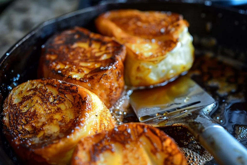 Slices of Hawaiian roll French toast cooking in a skillet with golden crust and bubbling butter