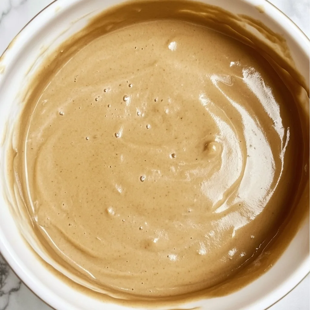 Close-up of smooth almond flour cake batter in a mixing bowl