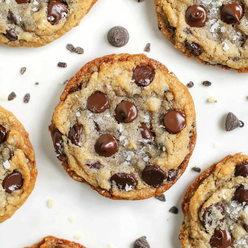 Overhead view of coconut flour chocolate chip cookies topped with shredded coconut, surrounded by chocolate chips on a white background.