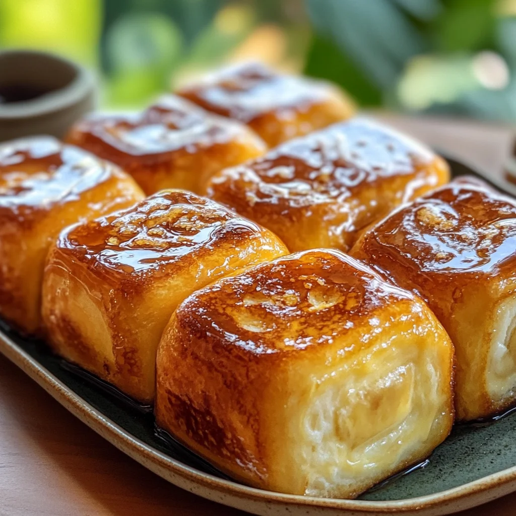 Close-up of golden Hawaiian rolls glazed with syrup, served on a tray in natural lighting