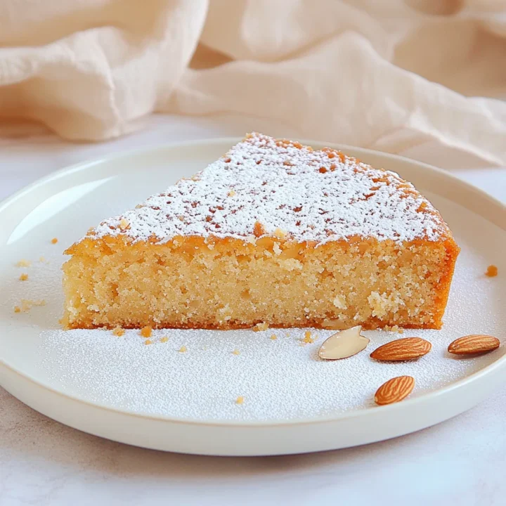 Close-up of a slice of almond flour cake on a white plate with powdered sugar and almonds