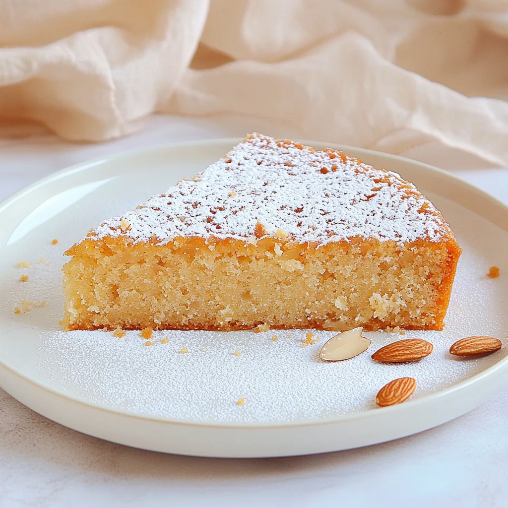 Close-up of a slice of almond flour cake on a white plate with powdered sugar and almonds