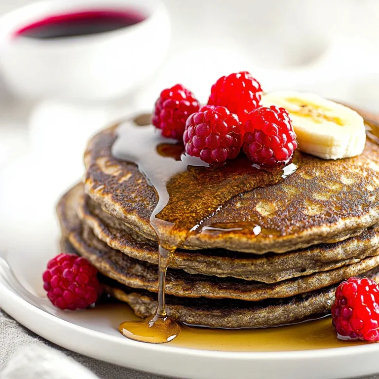 Close-up of fluffy buckwheat pancakes topped with banana slices, raspberries, and maple syrup on a white plate.