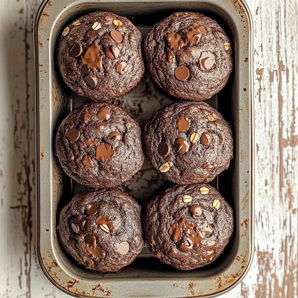 Overhead view of six chocolate banana oat muffins in a muffin pan topped with melted chocolate chips and oats
