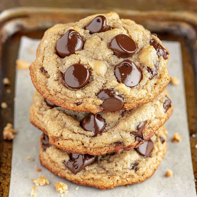 Stack of thick, chewy coconut flour chocolate chip cookies on parchment with gooey melted chocolate and golden edges.