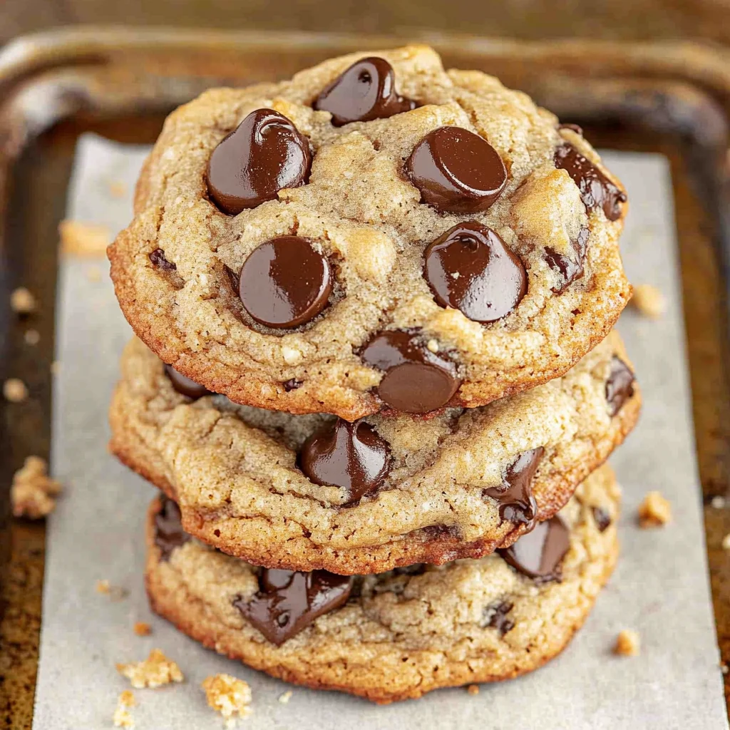 Stack of thick, chewy coconut flour chocolate chip cookies on parchment with gooey melted chocolate and golden edges.