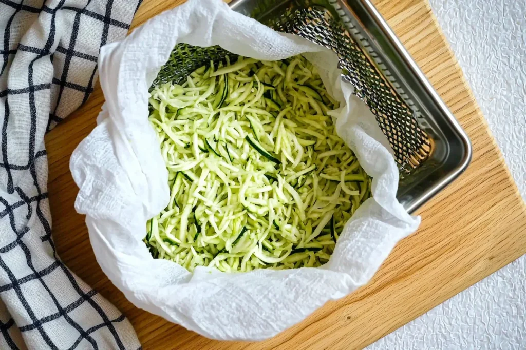  Freshly shredded zucchini in cheesecloth over a grater, ready for baking