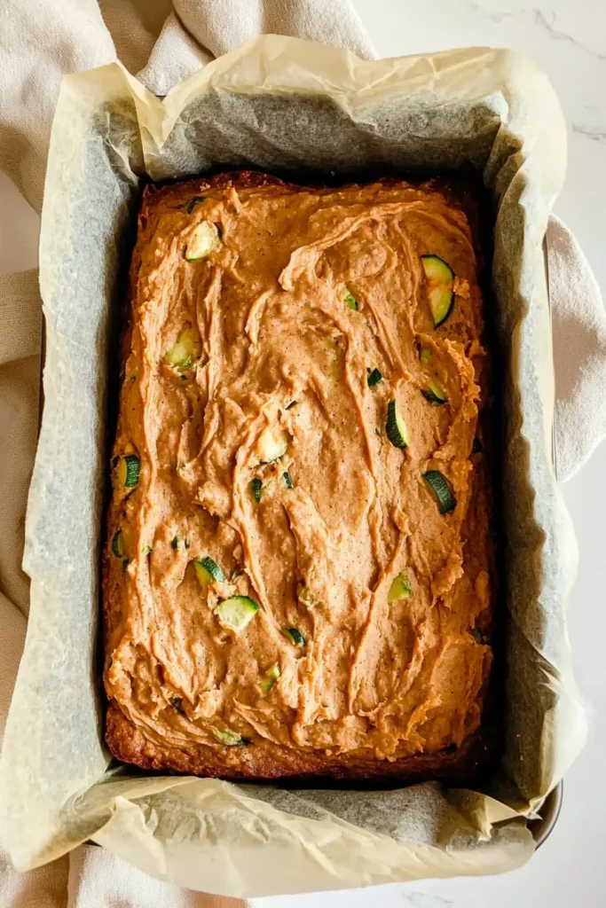  Unbaked pumpkin zucchini bread batter in parchment-lined loaf pan