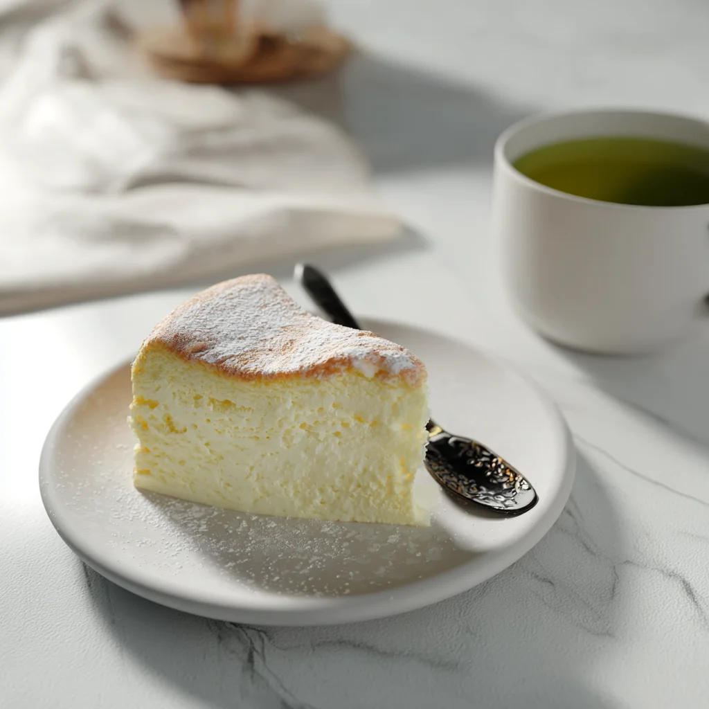 Slice of fluffy Japanese cotton cheesecake dusted with powdered sugar on a white plate, served with a cup of green tea on a marble surface