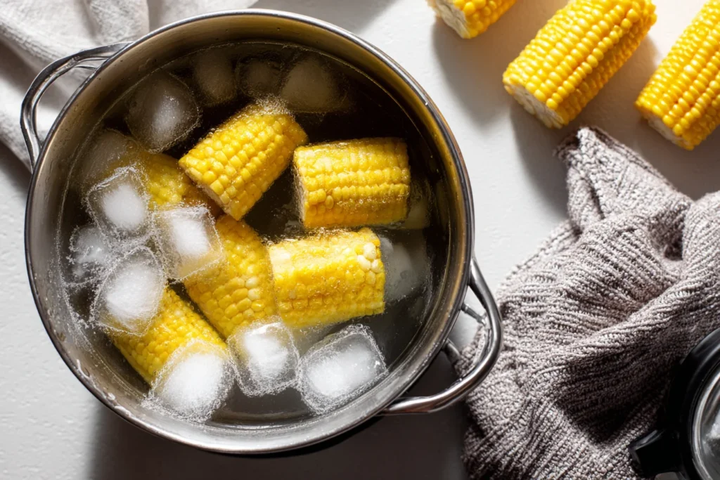 Blanched freeze corn on the cob cooling in ice water in a pot