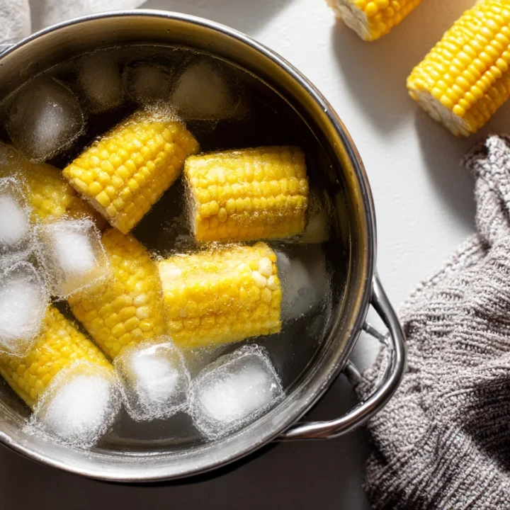 Blanched freeze corn on the cob cooling in ice water in a pot