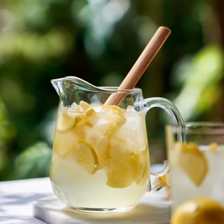 Clear glass pitcher of homemade lemonade with lemon slices, ice cubes, and a wooden spoon on a white marble surface, set against a green garden background.