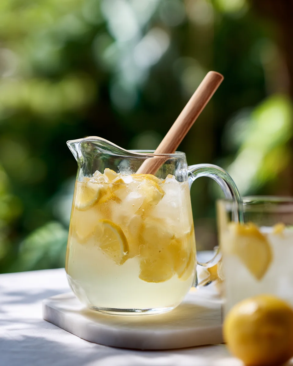 Clear glass pitcher of homemade lemonade with lemon slices, ice cubes, and a wooden spoon on a white marble surface, set against a green garden background.