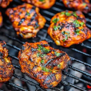 Boneless marinated chicken thighs sizzling on a charcoal grill with caramelized skin, grill marks, and parsley garnish