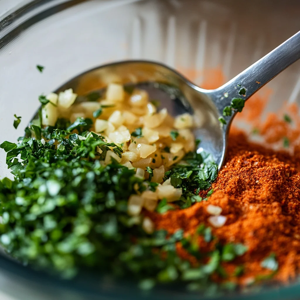 Close-up of a spoon resting in a bowl filled with freshly grated garlic, chopped parsley, and vibrant smoked paprika