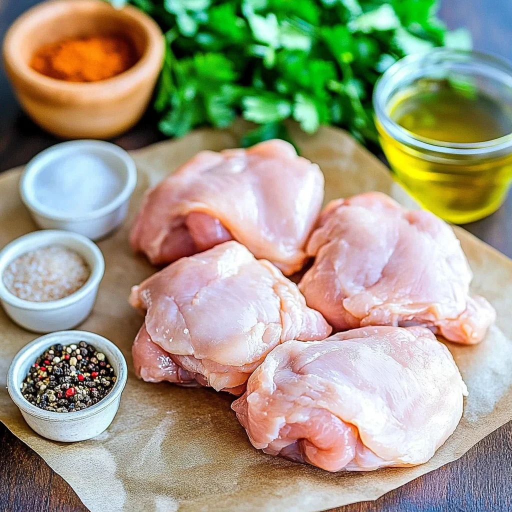 Four boneless, skin-on chicken thighs on parchment paper, surrounded by bowls of salt, pepper, paprika, and olive oil, with fresh parsley in the background