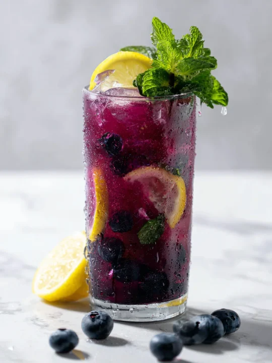 Glass of blueberry lemonade with whole blueberries, lemon slices, and mint