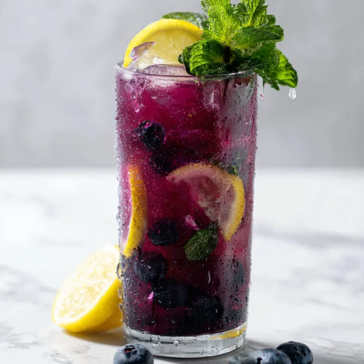 Glass of blueberry lemonade with whole blueberries, lemon slices, and mint